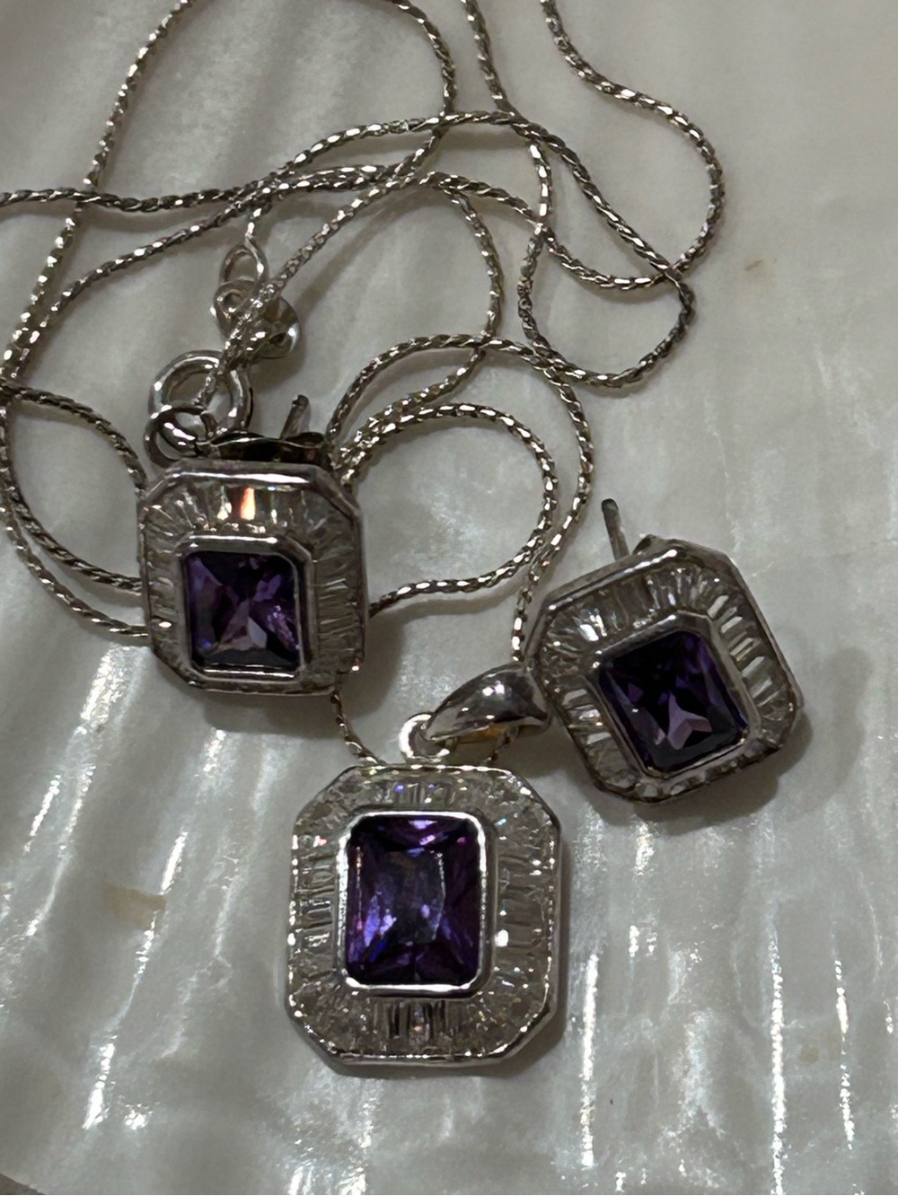 Amethyst and White Bagette Stone Set in Sterling Silver Necklace & Earring Set